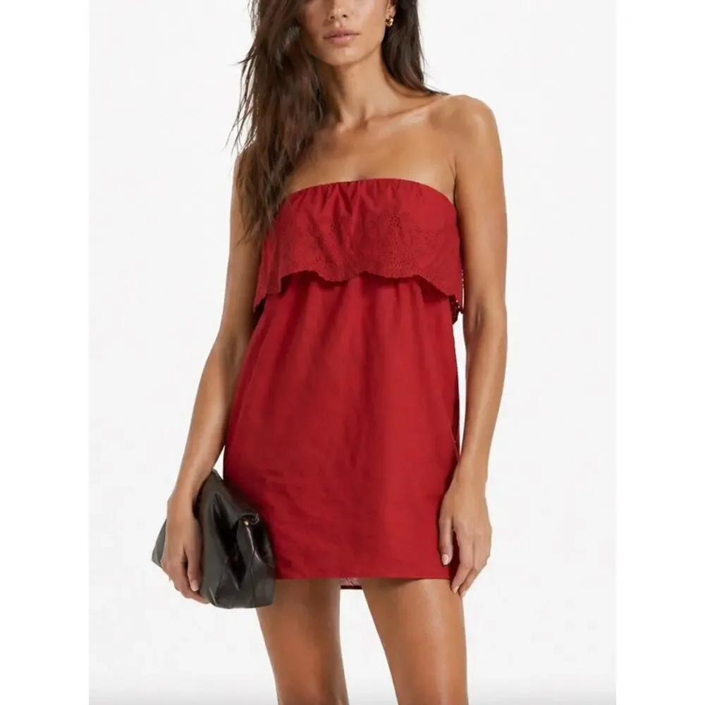 NWT POSSE Beryl Strapless Mini Dress Pockets Ruby Red Cotton Eyelet Lined L - Picture 12 of 12